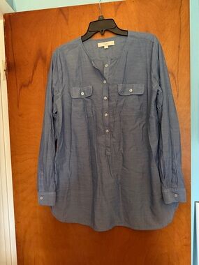 LOFT Dusty Blue Long-Sleeve Button Tunic